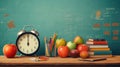 Back to school concept with alarm clock, books, pencils and apple on wooden table. Generative AI. Royalty Free Stock Photo