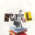 Back to school concept. Art collage with cute school age boy isolated on light background with cut out letters in Royalty Free Stock Photo