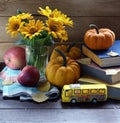 Back to school concept, autumn group composition with sunflowers, pumpkins, apples, fall leaves, toys and books