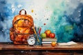 Back to school concept. Backpack, books, apple, pencils and alarm clock on wooden table Royalty Free Stock Photo