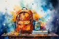 Back to school concept. School backpack, books, glasses and watercolor splash. illustration