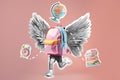 Back to school concept. Backpack is running with study supplies flying around. Contemporary art collage, modern design. AI Royalty Free Stock Photo