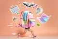 Back to school concept. Backpack running with study supplies flying around. Contemporary art collage, modern design. AI generated Royalty Free Stock Photo