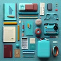 Back to school concept. Backpack with school supplies, pens, pencils, notebook on pastel background. Flat lay, top view Royalty Free Stock Photo