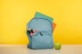 Back to school concept. Backpack with school supplies on yellow background Royalty Free Stock Photo