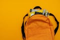 Back to school concept. Backpack with school supplies on yellow background. Top view. Copy space. Flat lay Royalty Free Stock Photo