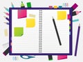 Back to school concept. Blank notebook over school and office supplies on office table. Top view with copy space. Royalty Free Stock Photo