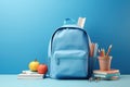 Back to school concept on blue background. Modern school bag, books, accessories and colorful pencils with abacus 3D Render 3D Royalty Free Stock Photo