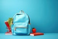 Back to school concept on blue background. Modern school bag, books, accessories and colorful pencils with abacus 3D Render 3D Royalty Free Stock Photo