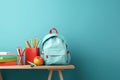 Back to school concept on blue background. Modern school bag, books, accessories and colorful pencils with abacus 3D Render 3D Royalty Free Stock Photo