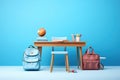 Back to school concept on blue background. Modern school bag, books, accessories and colorful pencils with abacus 3D Render 3D Royalty Free Stock Photo