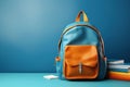 Back to school concept on blue background. Modern school bag, books, accessories and colorful pencils with abacus 3D Render 3D Royalty Free Stock Photo