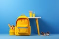 Back to school concept, book on desk and yellow backpack next to it. Generative ai Royalty Free Stock Photo