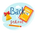 Back to school concept with book, pencil, and bell. Educational vector drawing for academic year start. School supplies Royalty Free Stock Photo