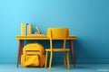 Back to school concept, book on yellow desk and yellow backpack next to it. Generative ai Royalty Free Stock Photo