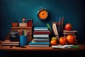 Back to school concept with books, apple, pencils and alarm clock, Composite image of school supplies on desk, AI Generated Royalty Free Stock Photo