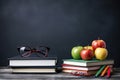 Back to school concept with books, glasses and apple on blackboard background, Glasses teacher books and a stand with pencils on Royalty Free Stock Photo