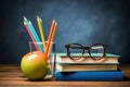 Back to school concept with books, glasses and apple on wooden table, Glasses teacher books and a stand with pencils on the table