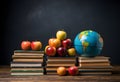 Back to school concept with books, globe and apples on wooden table Royalty Free Stock Photo