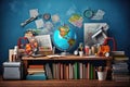 Back to school concept with books, globe, stationery and accessories on wooden shelf, Composite image of school supplies on desk,