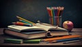 Back to school concept with books, pencils and apple on wooden table, Generative AI Royalty Free Stock Photo