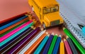 Back to school concept with bus and notebook ,pencil Royalty Free Stock Photo