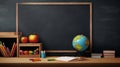 Back to school concept with clear blackboard background, desk, items Royalty Free Stock Photo