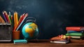 Back to school concept with clear blackboard background, desk, items Royalty Free Stock Photo