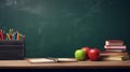 Back to school concept with clear blackboard background, desk, items Royalty Free Stock Photo