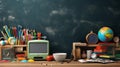 Back to school concept with clear blackboard background, desk, items, copy space, Created using generative AI tools. Royalty Free Stock Photo