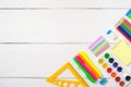 Back to school concept, colorful stationery supplies for teaching kids drawing on empty white wooden desk. Creative education Royalty Free Stock Photo