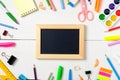 Back to school concept, colorful stationery supplies for teaching kids drawing on empty white wooden desk. Creative education Royalty Free Stock Photo