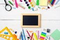 Back to school concept, colorful stationery supplies for teaching kids drawing on empty white wooden desk. Creative education Royalty Free Stock Photo