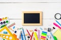 Back to school concept, colorful stationery supplies for teaching kids drawing on empty white wooden desk. Creative education Royalty Free Stock Photo