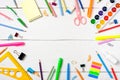 Back to school concept, colorful stationery supplies for teaching kids drawing on empty white wooden desk. Creative education Royalty Free Stock Photo