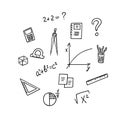 Back to school concept doodle,hand drawn notebook,math formulas,compass,rulers,protractor,graph.Education and learning sketch,