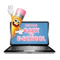 Back to School concept. E-learning concept. 3D illustrations of pencil emoticon character inside laptop.