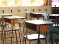 Back to school concept.Empty elementary class room with chairs ,tables and student lockers