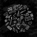 Back to school. A set of hand drawings with school and study symbols. Background - Black chalk board Royalty Free Stock Photo