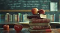 The Back to School concept features a school desk adorned with books and apples, set against a background of a blackboard Royalty Free Stock Photo