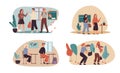 Back to School concept with four designs of schoolchildren arriving at college, greeting the teacher, sitting in class