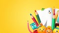 Back to school concept with funny pencil and other school supplies as cartoon character, copy space for text Royalty Free Stock Photo