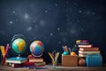 Back to school concept with globe, books and pencils on wooden table, school supplies with chalkboard, back to school concept, AI Royalty Free Stock Photo