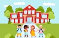 Back to school concept.Group of multicultural pupils walking to school.Smiling, happy kids with backpacks. Royalty Free Stock Photo