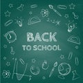Back to school concept. Hand drawn background with icon set. Green chalkboard effect.