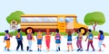 Back to school concept. Kids schoolchildren with backpacks run to yellow bus. Vector flat cartoon back view illustration Royalty Free Stock Photo