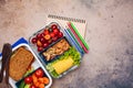Back to school concept. Lunch box with healthy fresh food. Sandwich, vegetables, fruits and nuts in food containers, dark Royalty Free Stock Photo