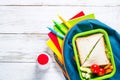 Back to school concept. Lunch box, stationery and backpack. Royalty Free Stock Photo
