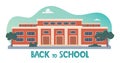 Back To School concept. Modern School Building Exterior. Facade of high school building with large windows. Design for flyer, Royalty Free Stock Photo