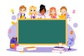 Back To School Concept. Multi Ethnic Group Of Students Around The Blackboard. Classroom With Chalkboard, School Theme Royalty Free Stock Photo